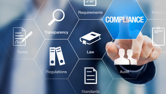 Hexagon Grid of different icons; Man pressing blue hexagon labeled 'compliance'.